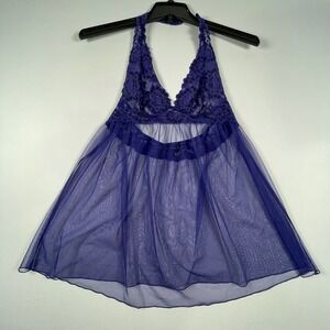 Victoria's Secret Purple Lace Halter Babydoll Lingerie Sheer Mesh Chemise Medium